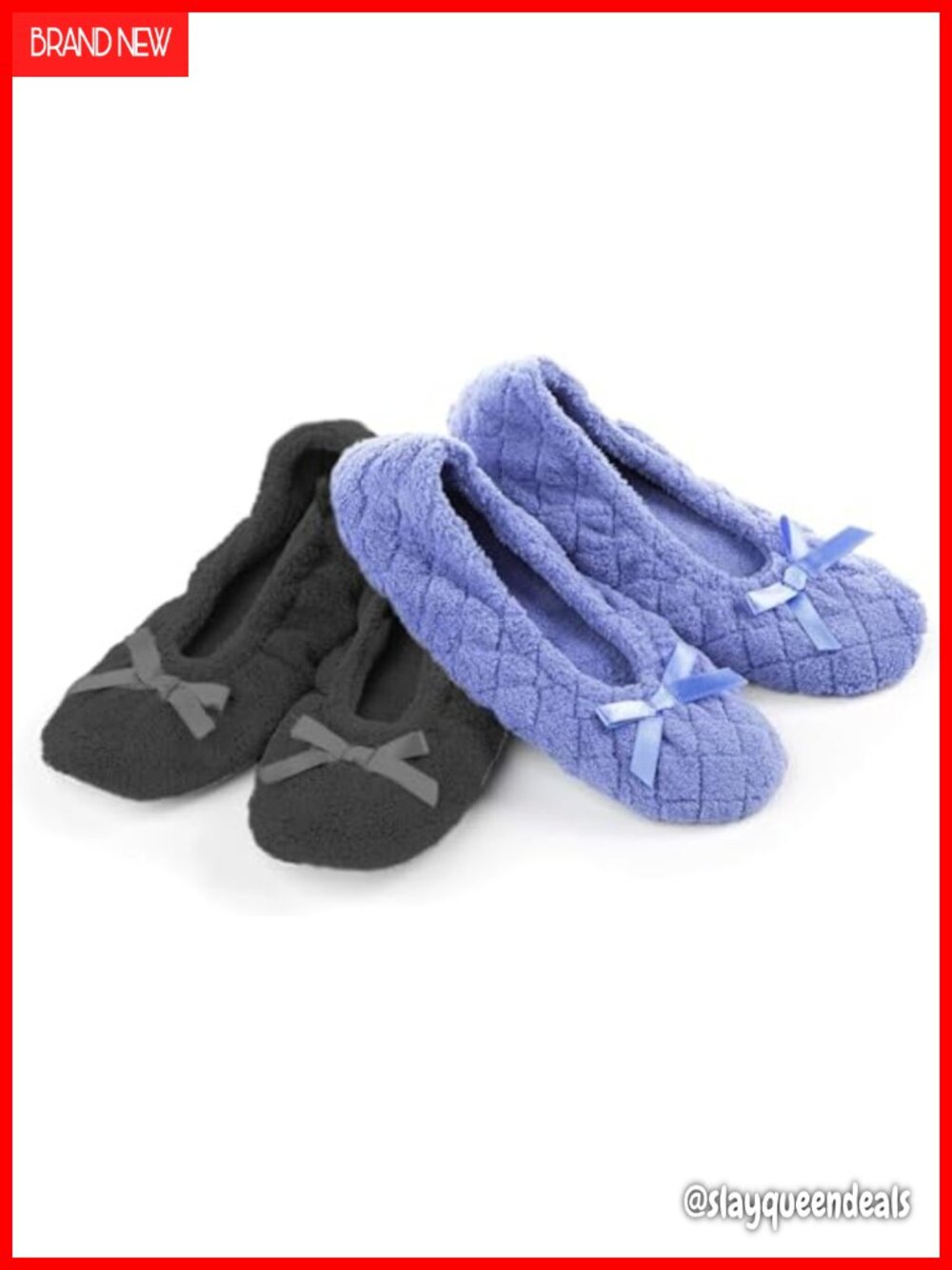 2 Pack Microterry Ballerina Slippers with Satin Bow Washable House Shoes